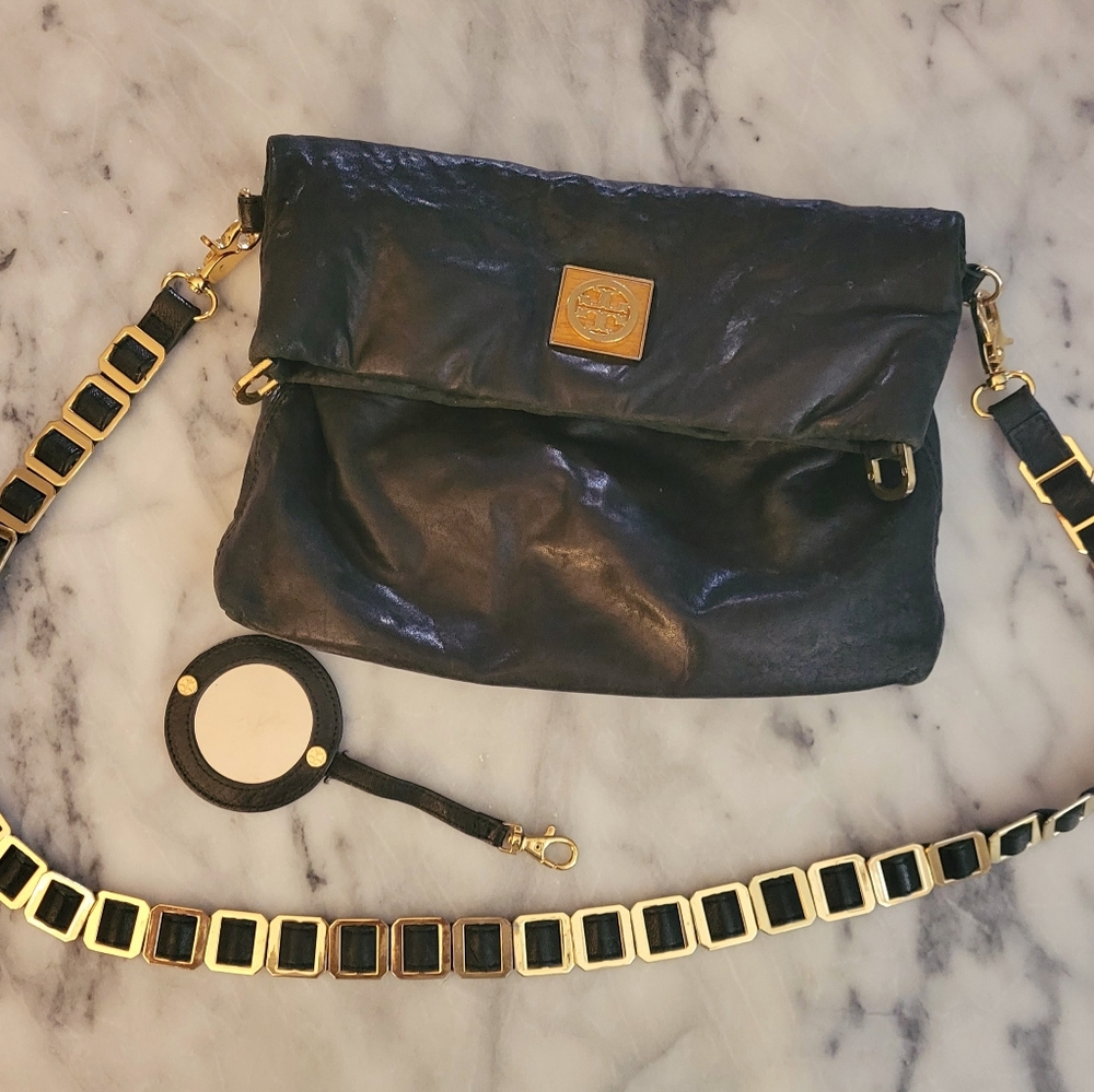 Tory Burch black foldover crossbody gold  strap
